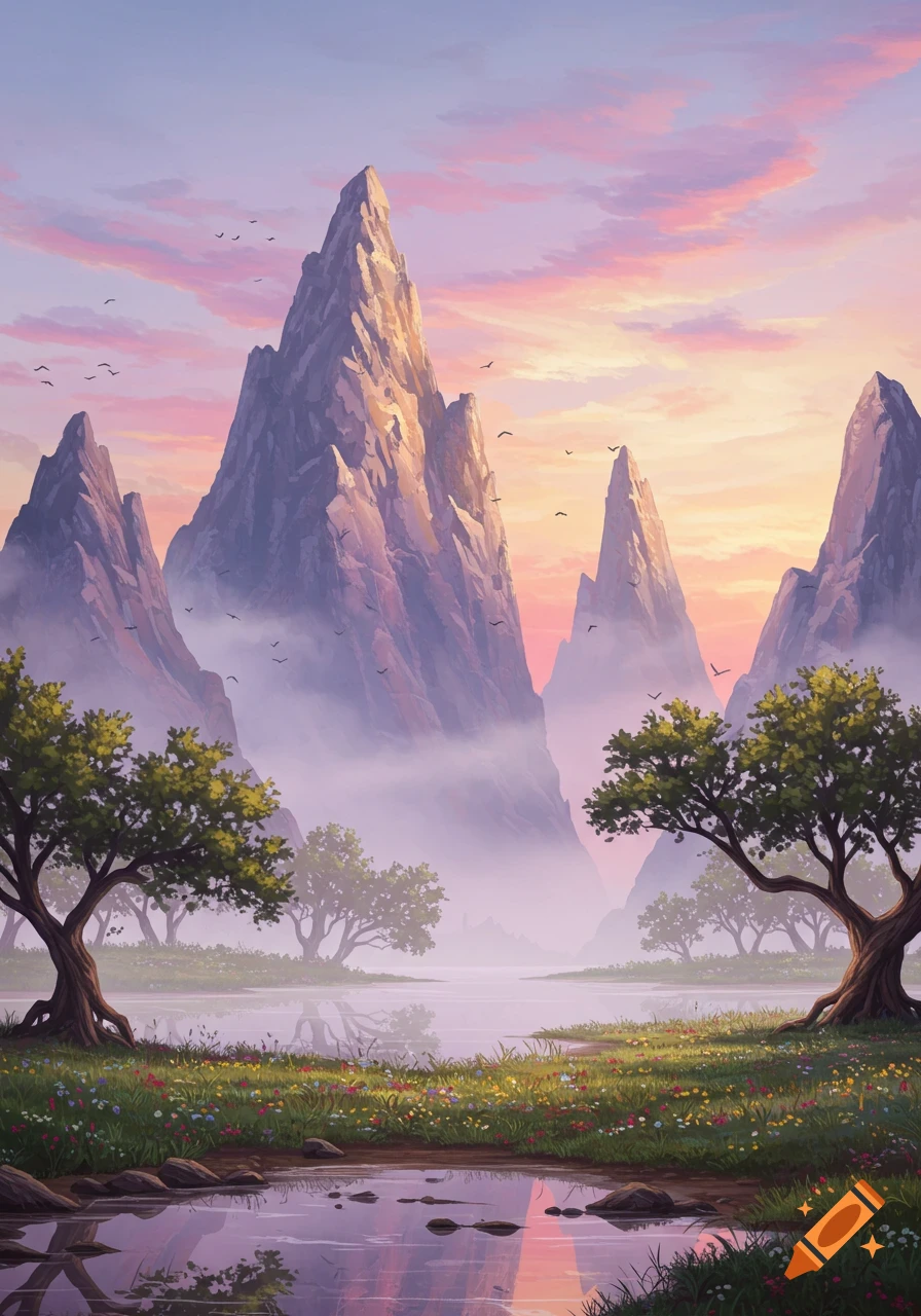 Vibrant illustrated mountain landscape with jagged peaks, misty valleys, a calm lake, flowering banks, and a pink sunset sky.