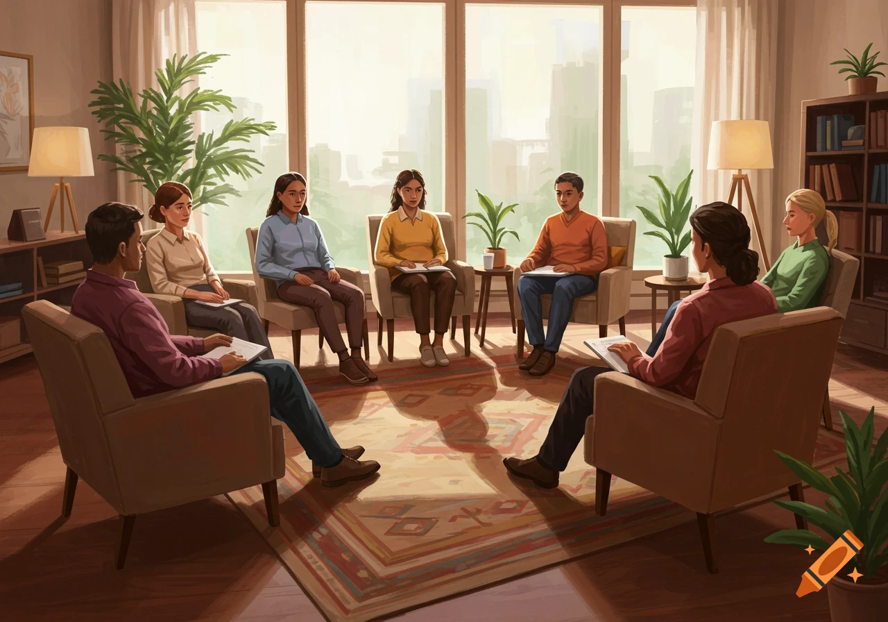 Seven diverse individuals sit in a circle on armchairs, holding papers, in a bright room with large windows and plants, depicting group counseling in an illustrative style.