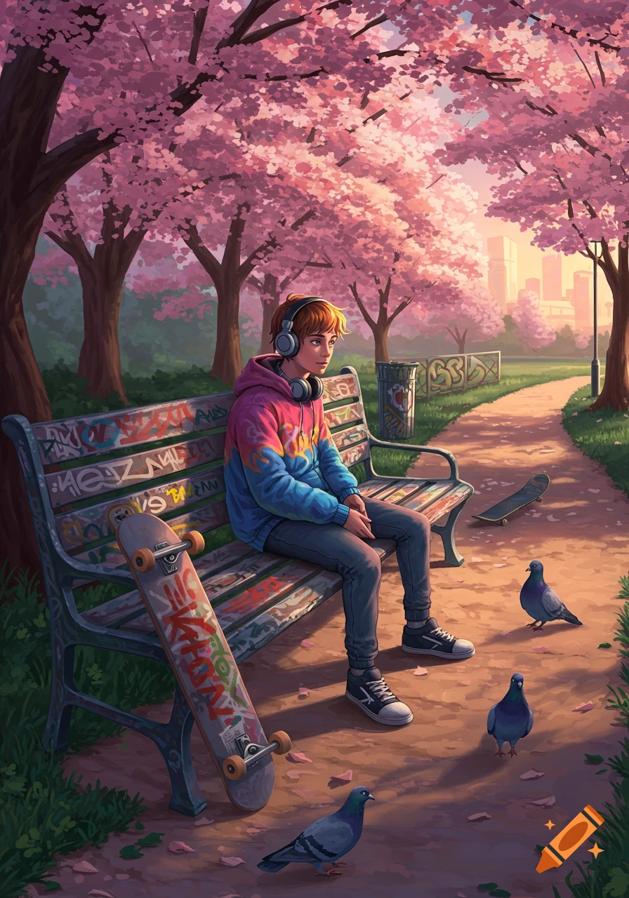 A thoughtful teenager with headphones sits on a graffiti-covered bench in a vibrant anime-style park under pink cherry blossoms, with pigeons and skateboards nearby.
