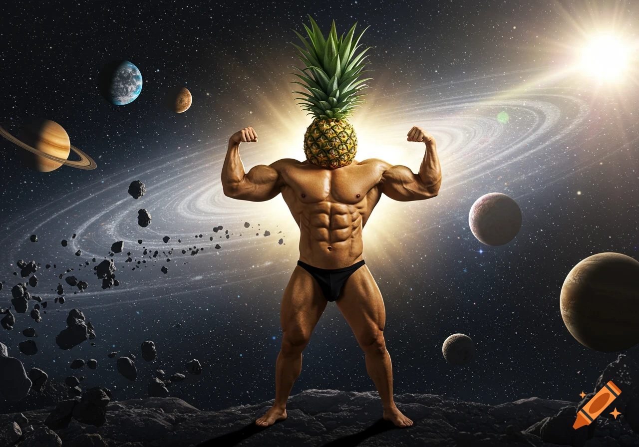 A muscular, buff man with a pineapple for a head flexes on an asteroid in deep space, with planets and a galaxy behind him.