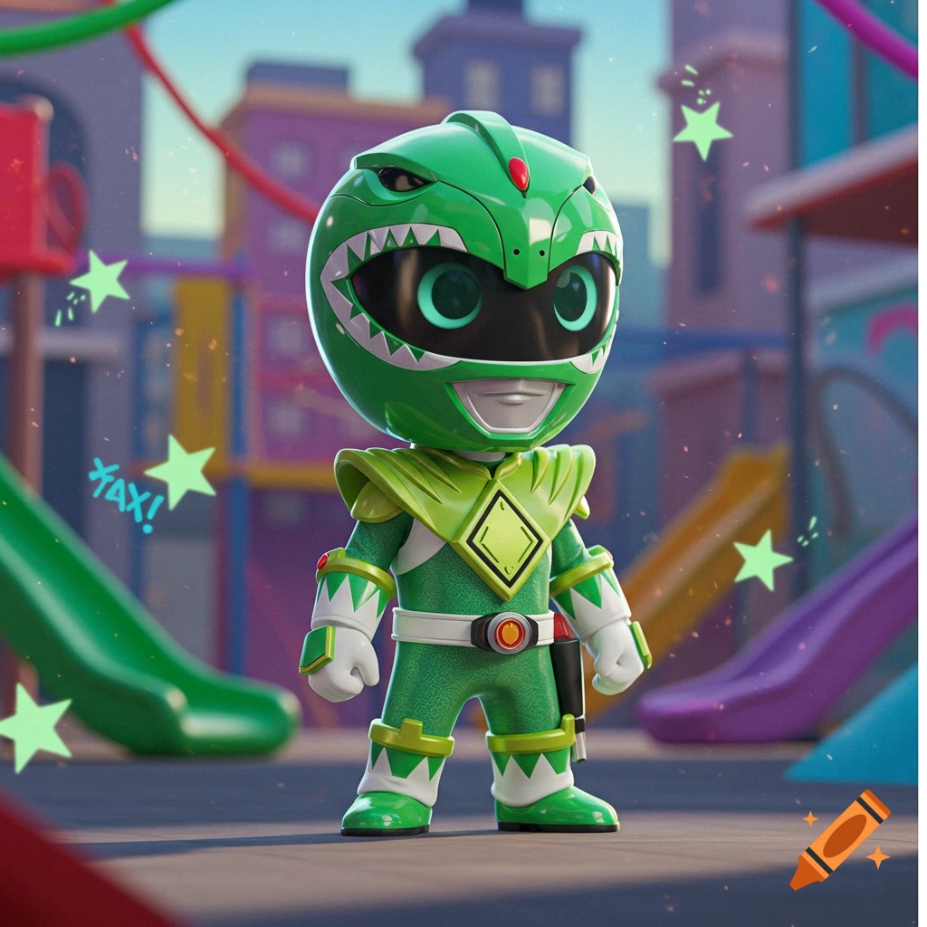 A cute, stylized Green Power Ranger toy stands in a colorful playground.