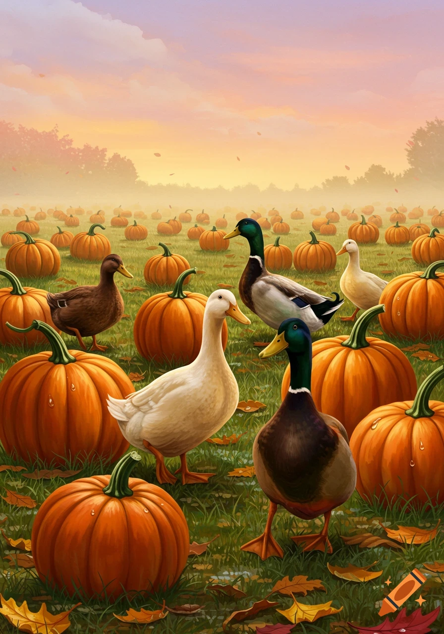 A group of diverse ducks among a field of orange pumpkins and fallen leaves under an autumn sunset sky.