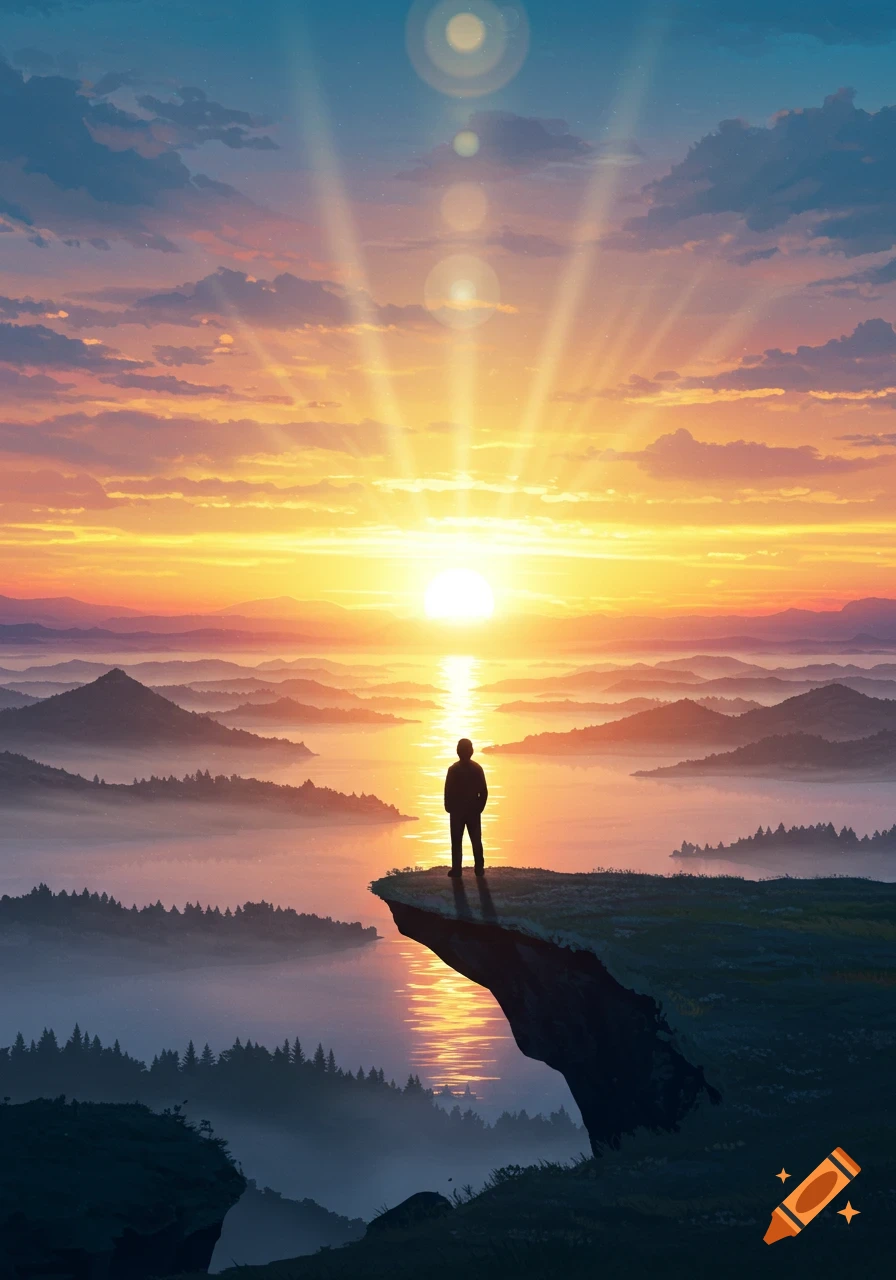 A silhouette of a person stands on a cliff overlooking a vast misty mountain and lake landscape during a vibrant sunrise or sunset, stylized digital art.