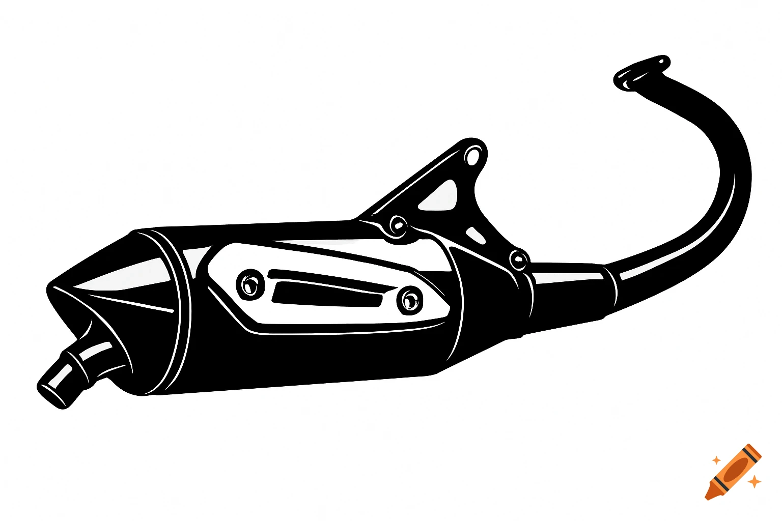 Black and white technical silhouette of a racing scooter exhaust pipe on a white background.