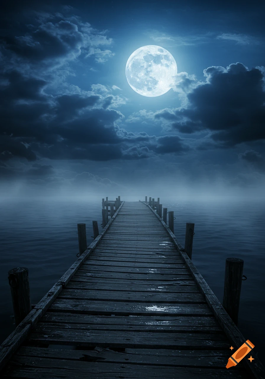 A long wooden pier extends into a misty, moonlit body of water under a dramatic, cloudy night sky.
