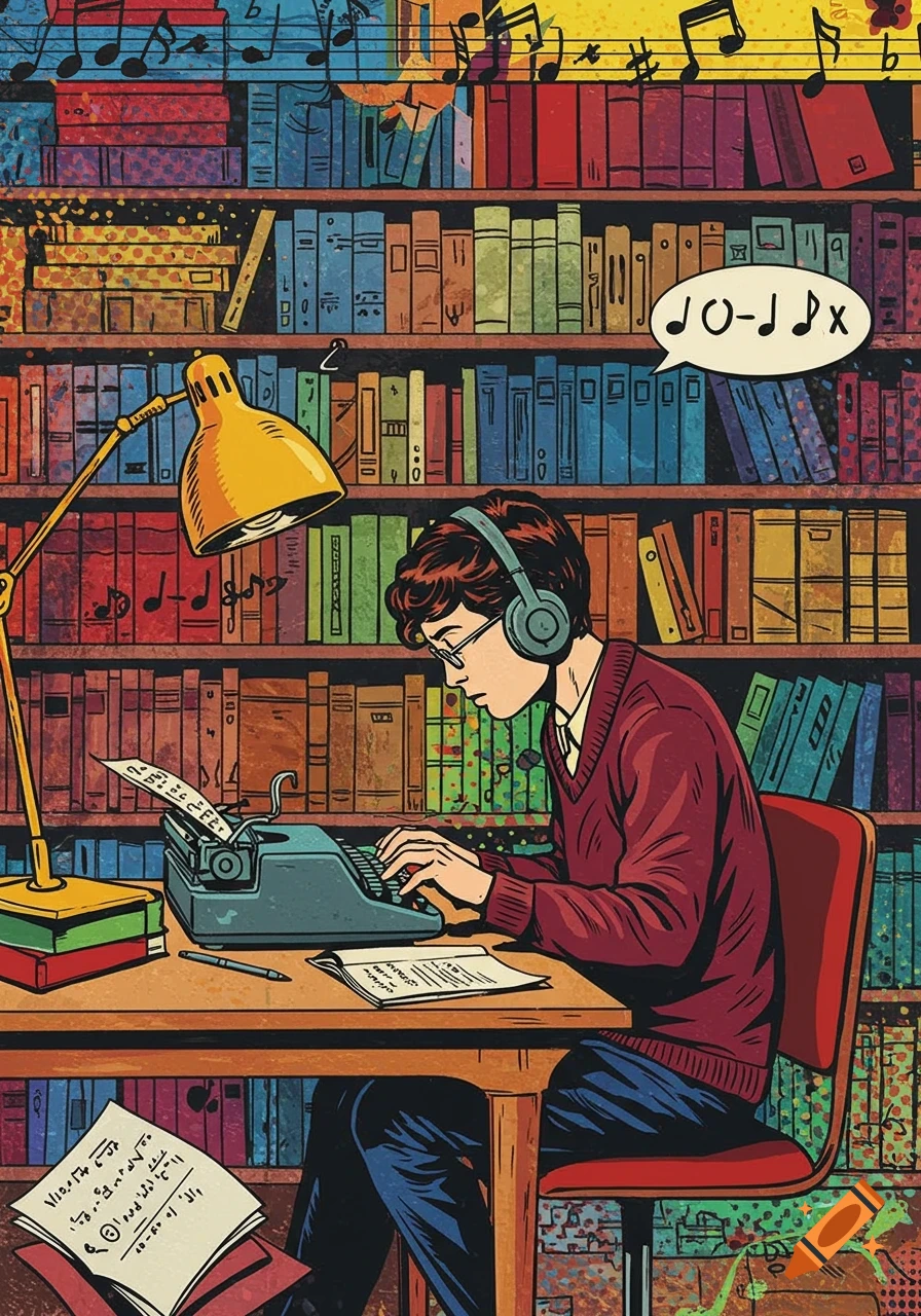 A pop art style illustration of a musicology student wearing headphones, typing on a vintage typewriter at a desk in front of a colorful bookshelf. Musical notes float above the scene and in a speech bubble.