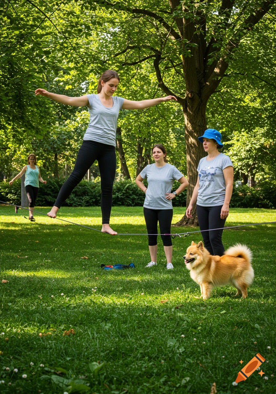 Women and a dog in a sunny park; one woman balances on a slackline while others watch. Photorealistic.