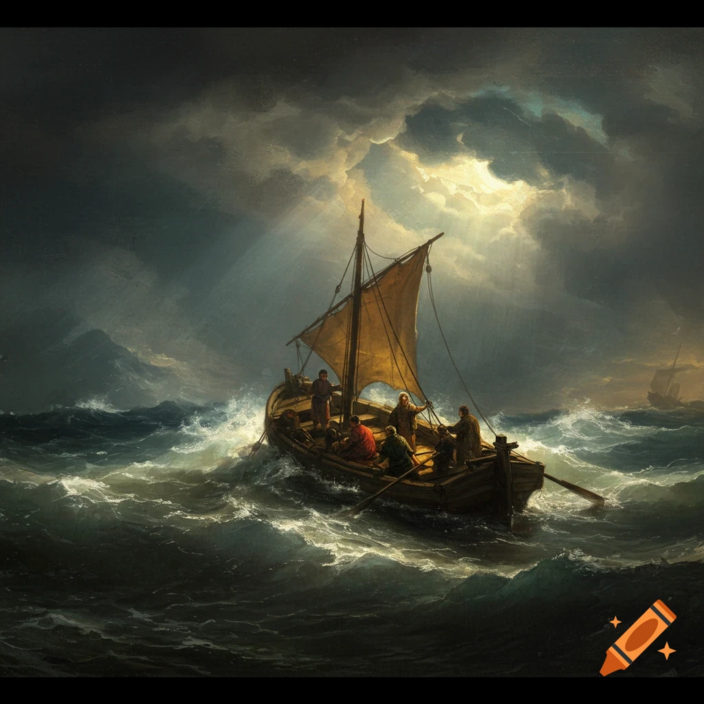 A classical painting of a small boat with several figures struggling against a stormy sea, with a shaft of light breaking through dark clouds.