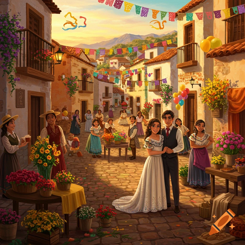 A young couple in wedding attire stands in a vibrant, festive village street decorated with colorful banners and flowers, surrounded by people.