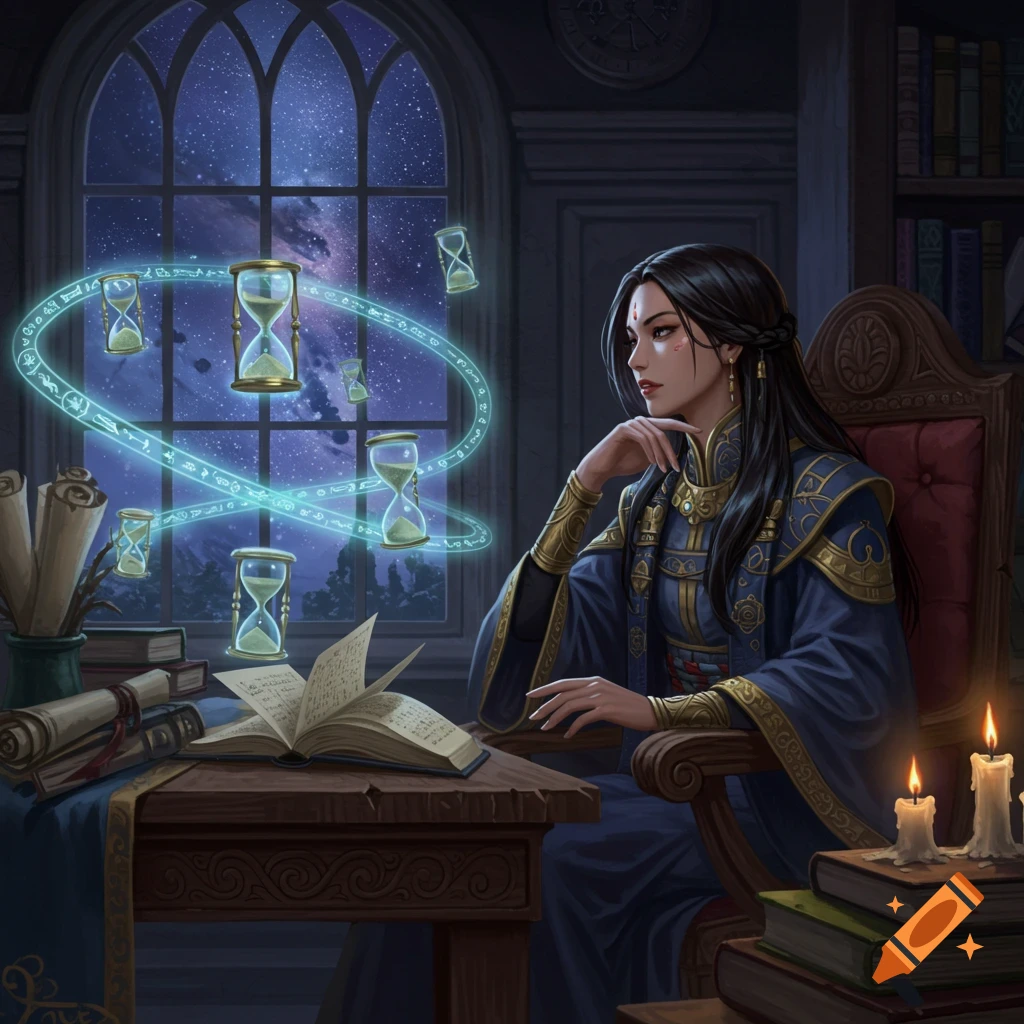 A fantasy image of a female chronomancer studying at a desk with an open book and glowing, floating hourglasses.