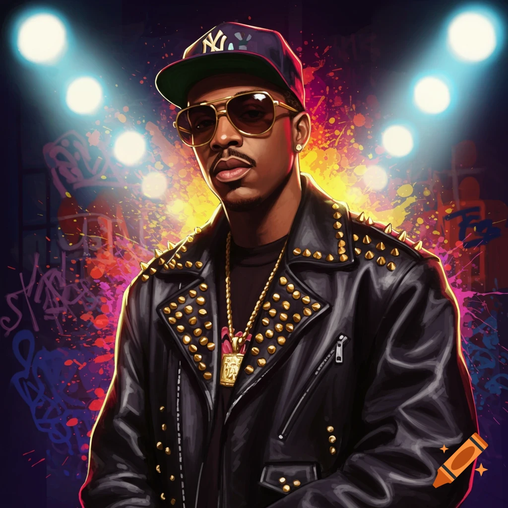 Illustrative portrait of a man in a New York cap, sunglasses, and studded leather jacket, against a vibrant graffiti background.
