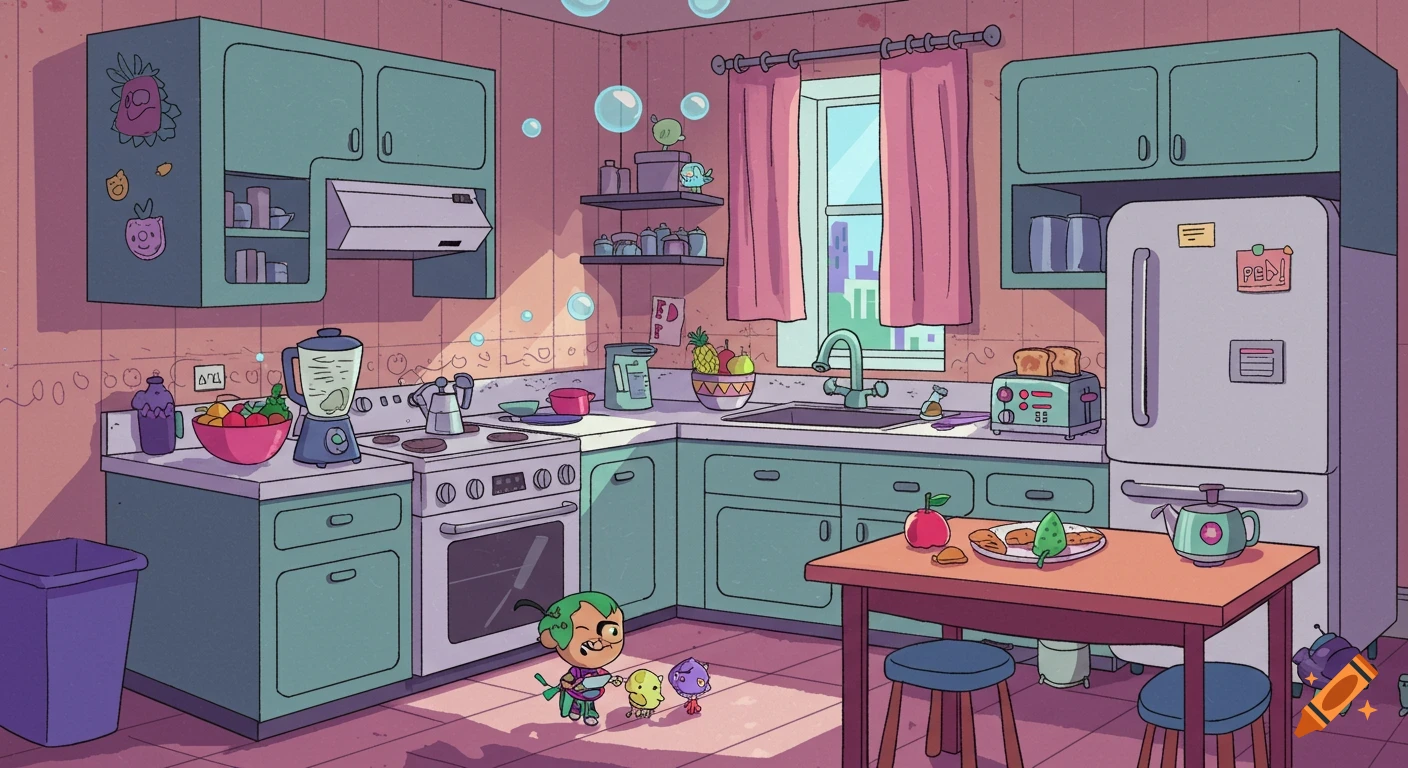 A colorful cartoon kitchen in Teen Titans Go! style with a green creature holding a knife, two smaller creatures, and various appliances.