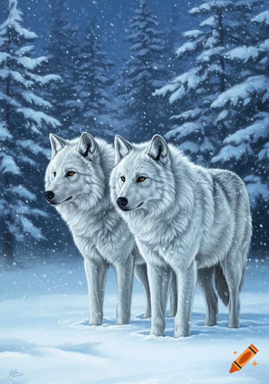Two white wolves stand in a snowy forest during a snowfall, illustration style.