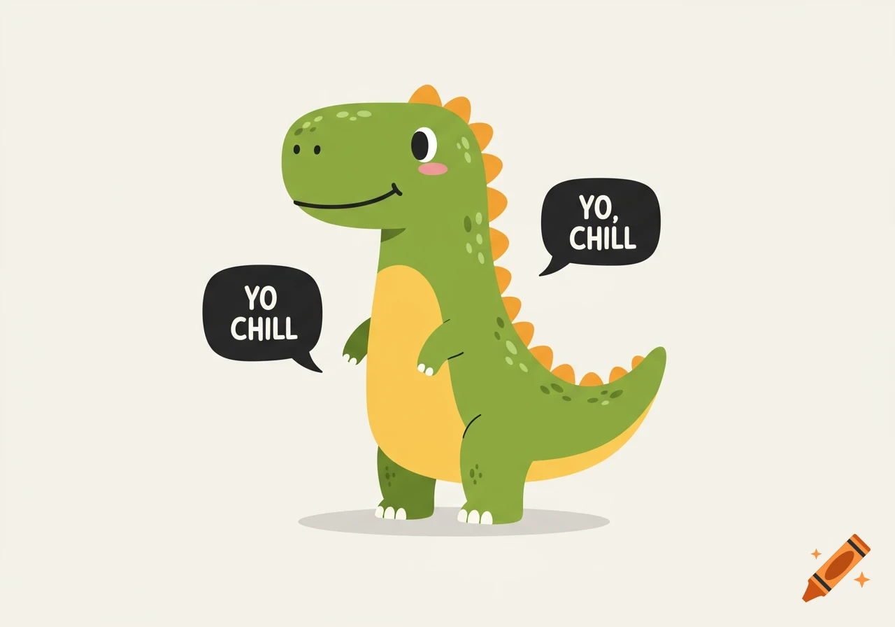 A cute cartoon green dinosaur with orange spikes and a pink cheek blush stands on a light background. Two black speech bubbles float next to it, both containing the text "YO CHILL".