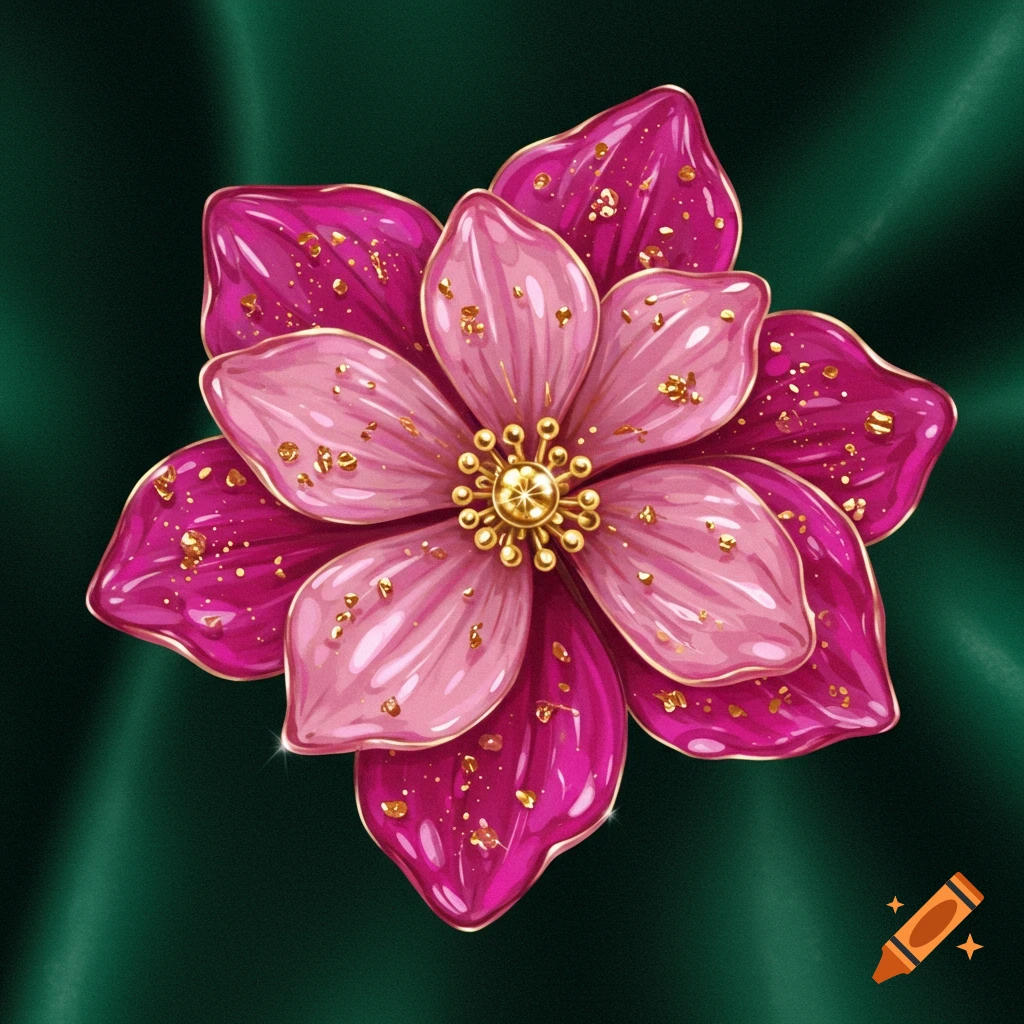 A vibrant pink and magenta flower brooch with golden accents and glitter, set against a dark green satin background.
