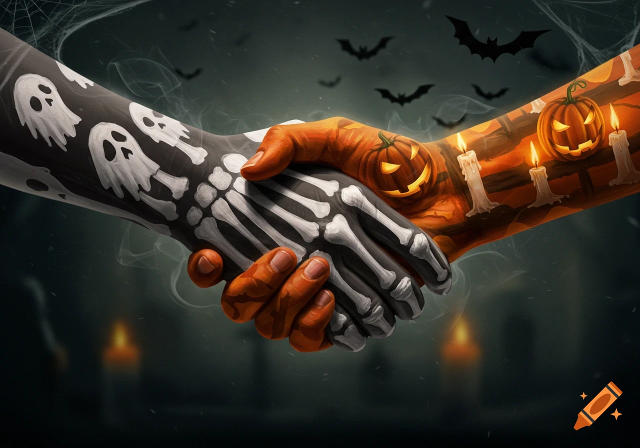 An illustration of two hands shaking, one a skeleton, the other orange with pumpkins and candles, against a dark Halloween background.