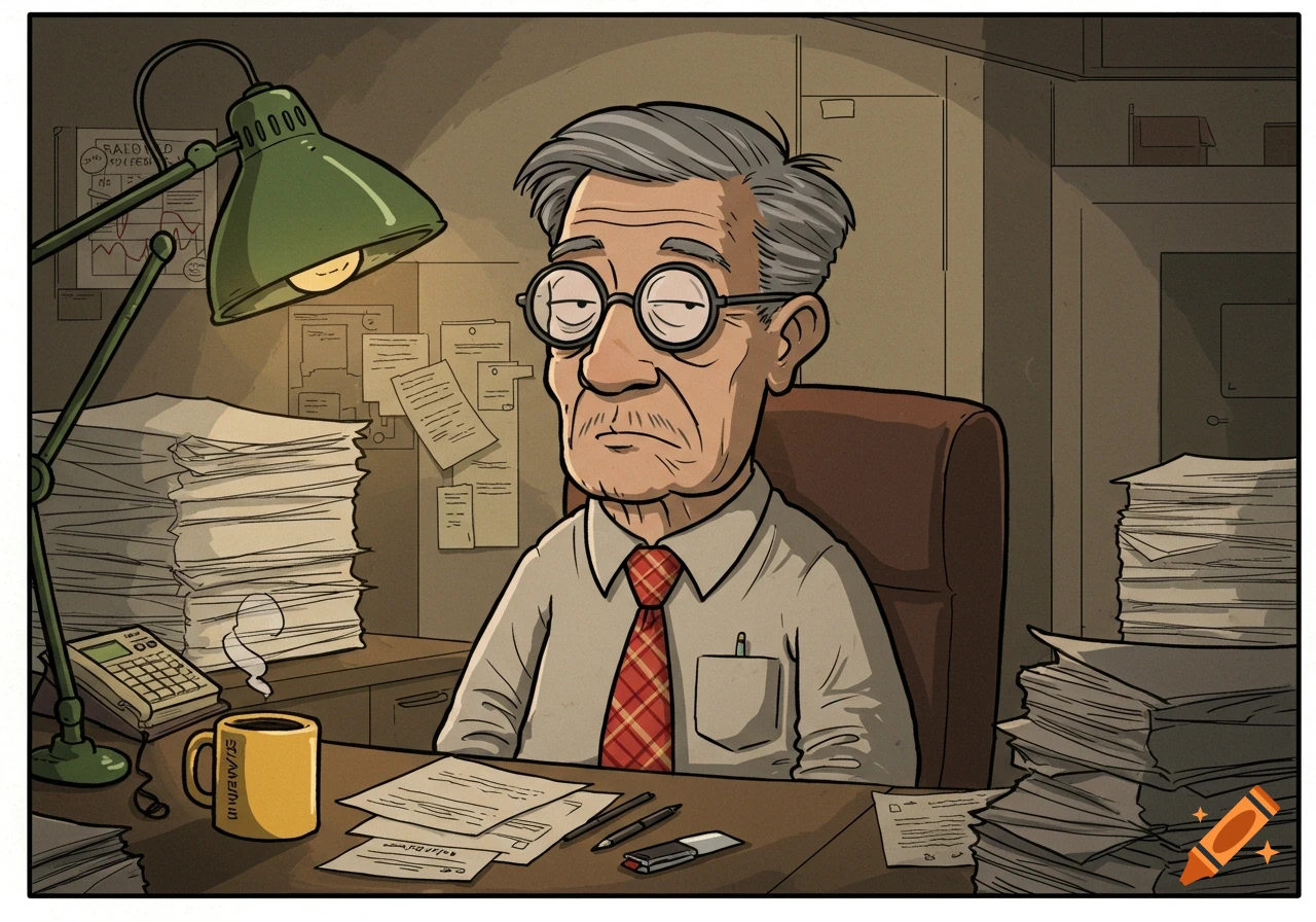 A cartoon of an older man with grey hair and glasses sitting at a desk overflowing with stacks of paperwork and a coffee mug, under a desk lamp.