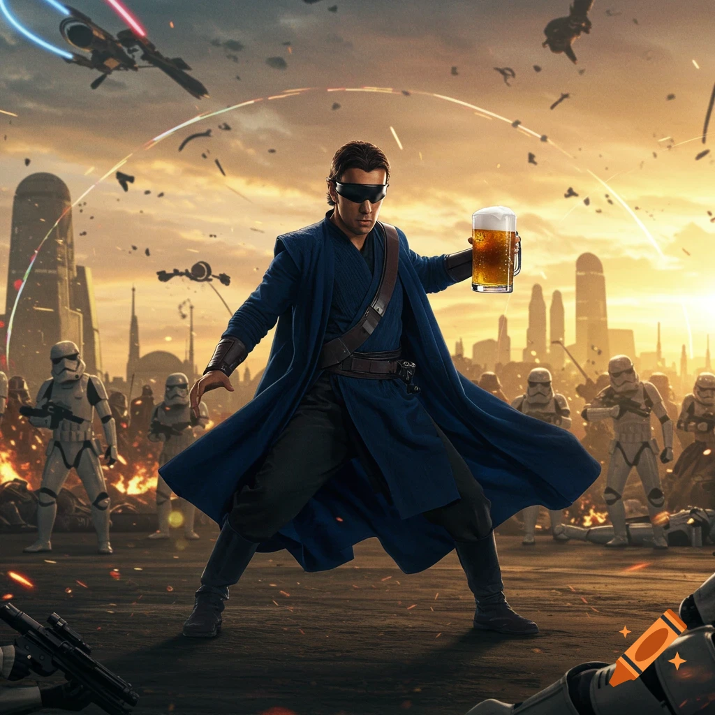 A man resembling Chirrut Imwe holds a frothy beer mug amidst a chaotic Star Wars battle against Stormtroopers in a futuristic city, photorealistic.