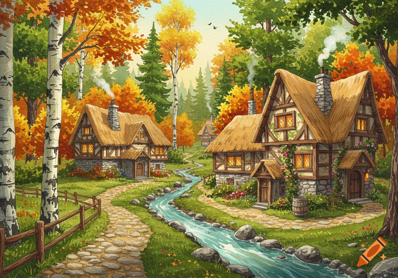 Watercolor painting of a fantasy medieval village with thatched-roof houses, a winding path, and a stream, set in an autumn forest.