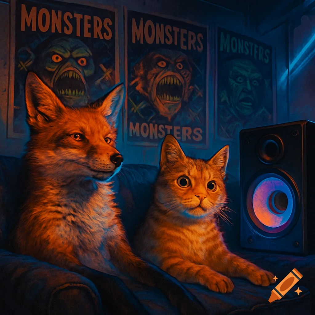 A fox and a cat sit on a couch in a dimly lit room with blue light, watching something. Monster movie posters hang on the wall.