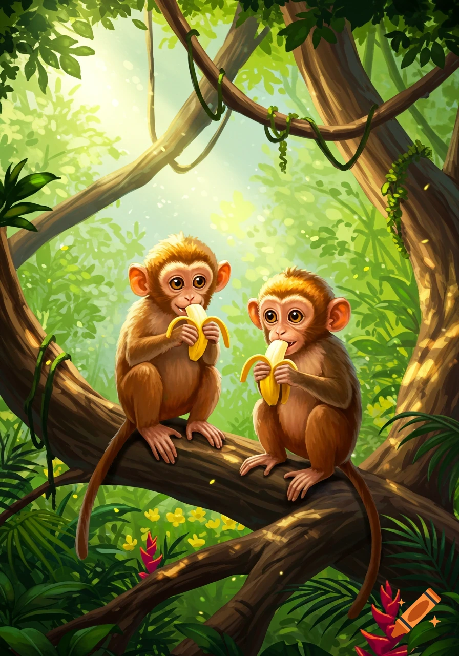 Two cartoon monkeys sit on a jungle tree branch, happily eating bananas amidst lush green foliage and sunlight.
