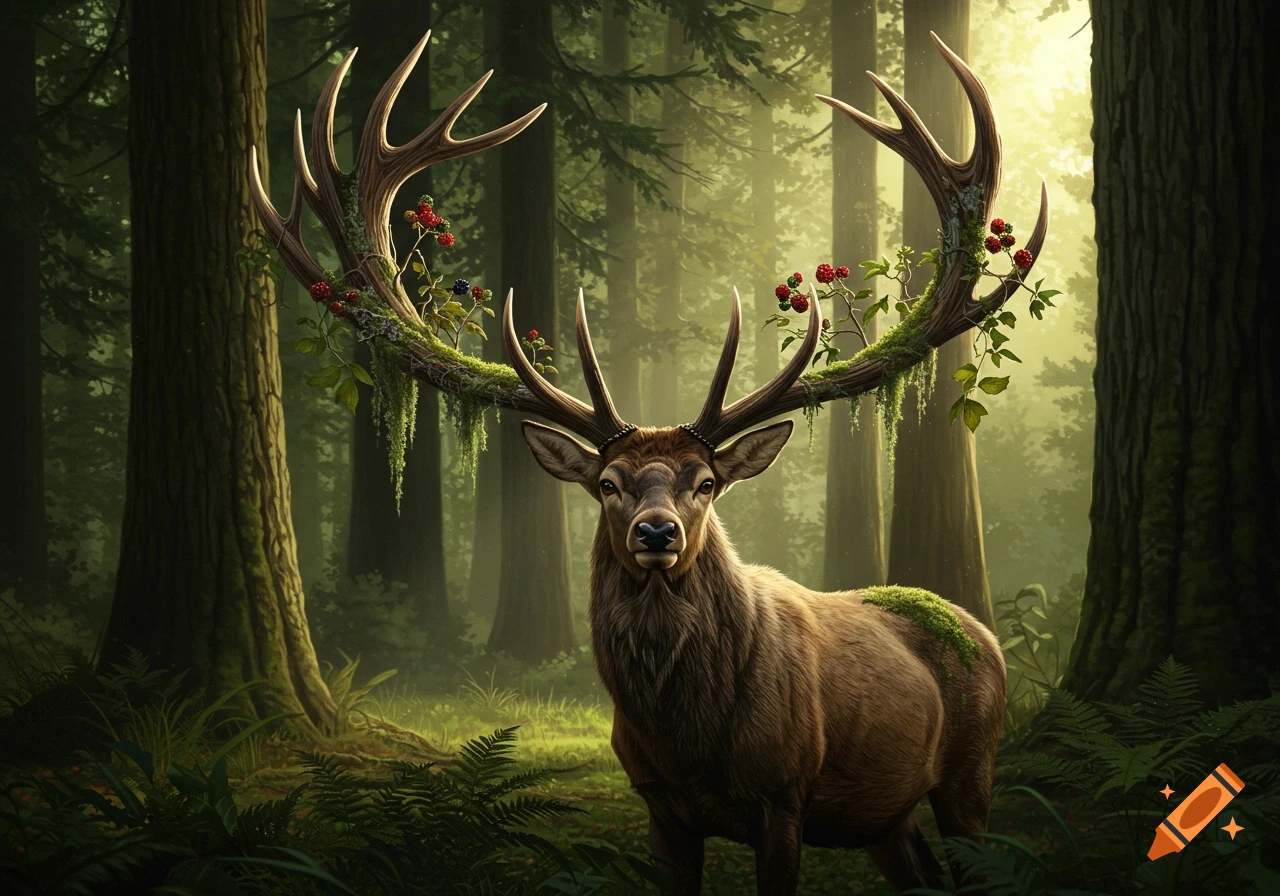 A majestic elk with antlers like mossy, berry-covered tree branches stands in a sunlit forest.
