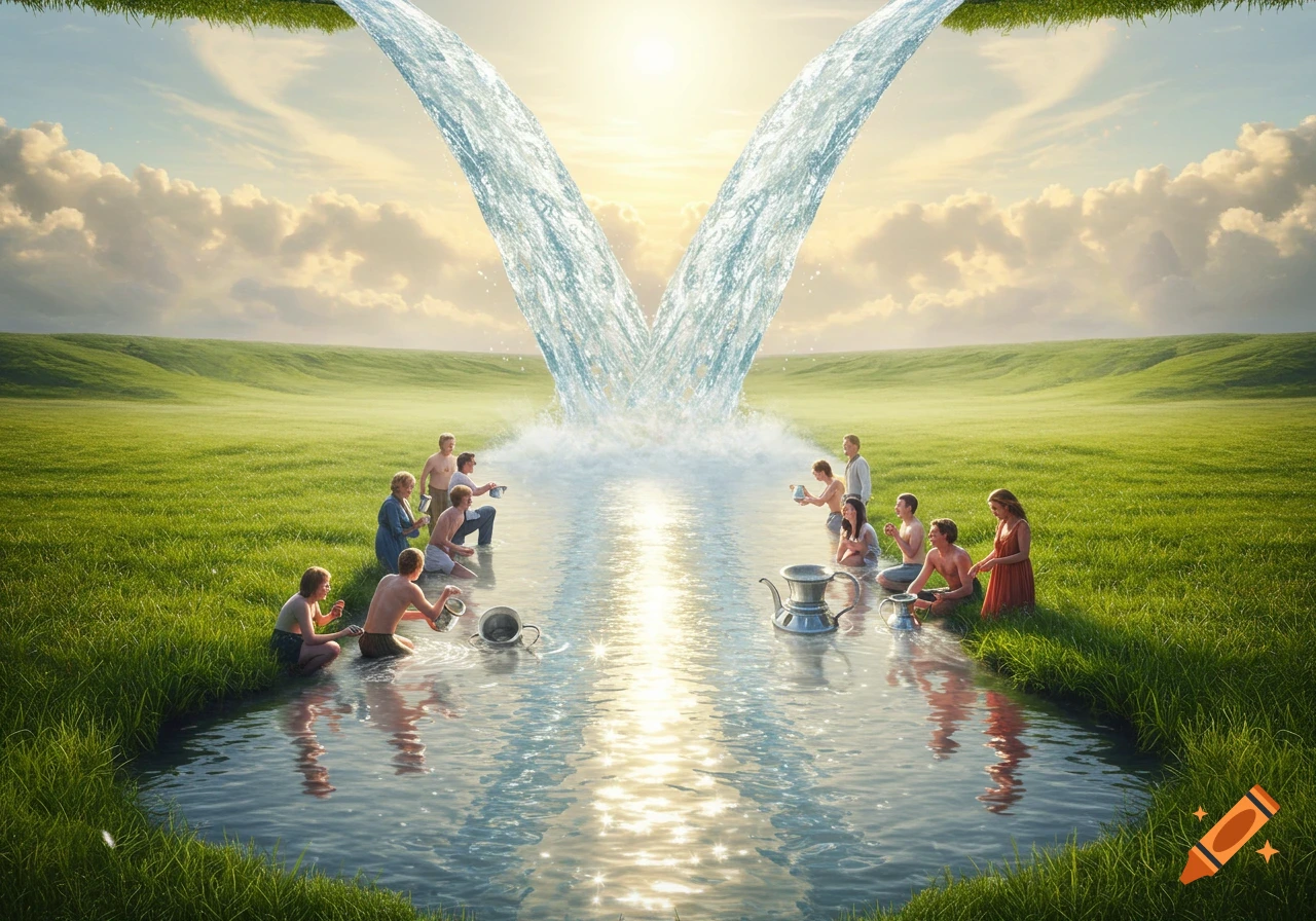 A vast green field with a river shaped like a 'V' cascading from a grassy cliff into a pool where people collect water in silver mugs under a bright sky.