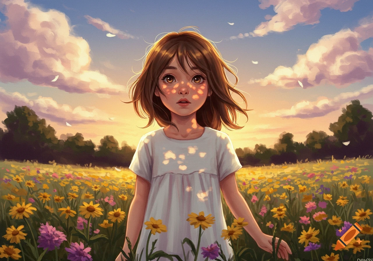 Anime-style illustration of a young girl in a white dress standing in a field of wildflowers at sunset.