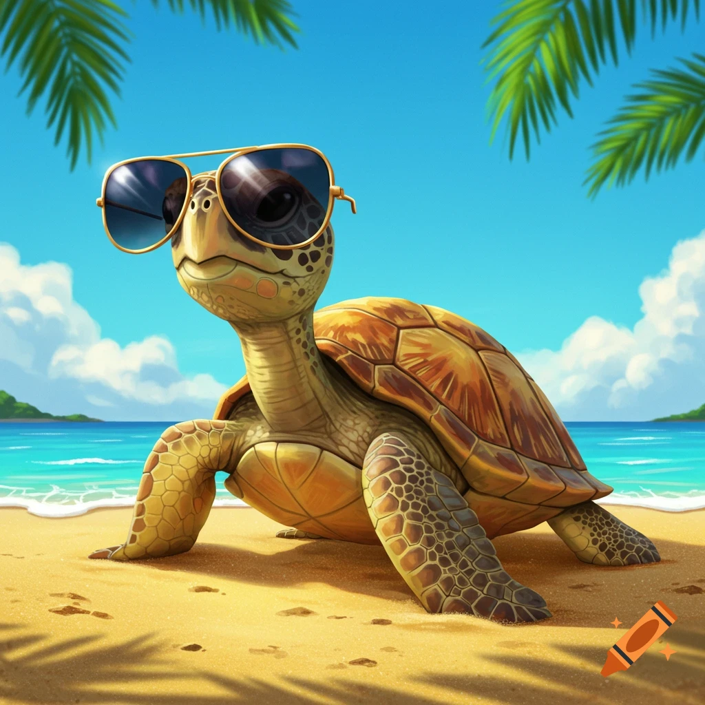 A cartoon turtle wearing sunglasses smiles on a sunny beach, with palm trees overhead and the ocean in the background.