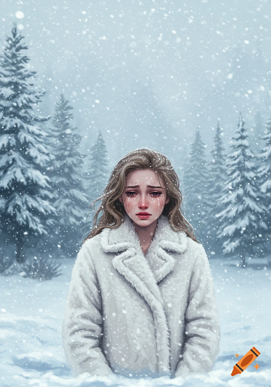 An illustration of a distraught woman crying in a heavy snowfall amidst a pine forest.
