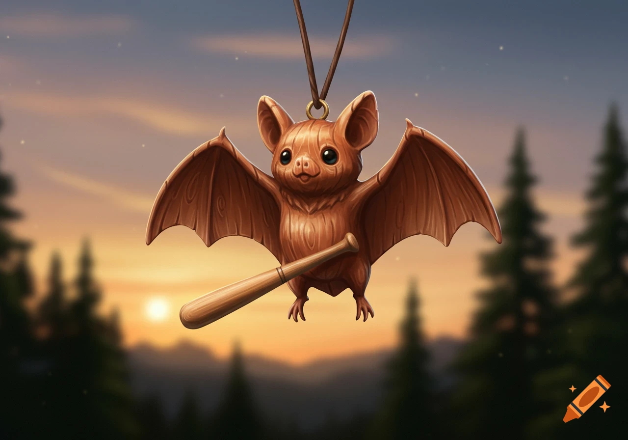 A cute wooden bat pendant holding a miniature wooden baseball bat against a sunset forest background.