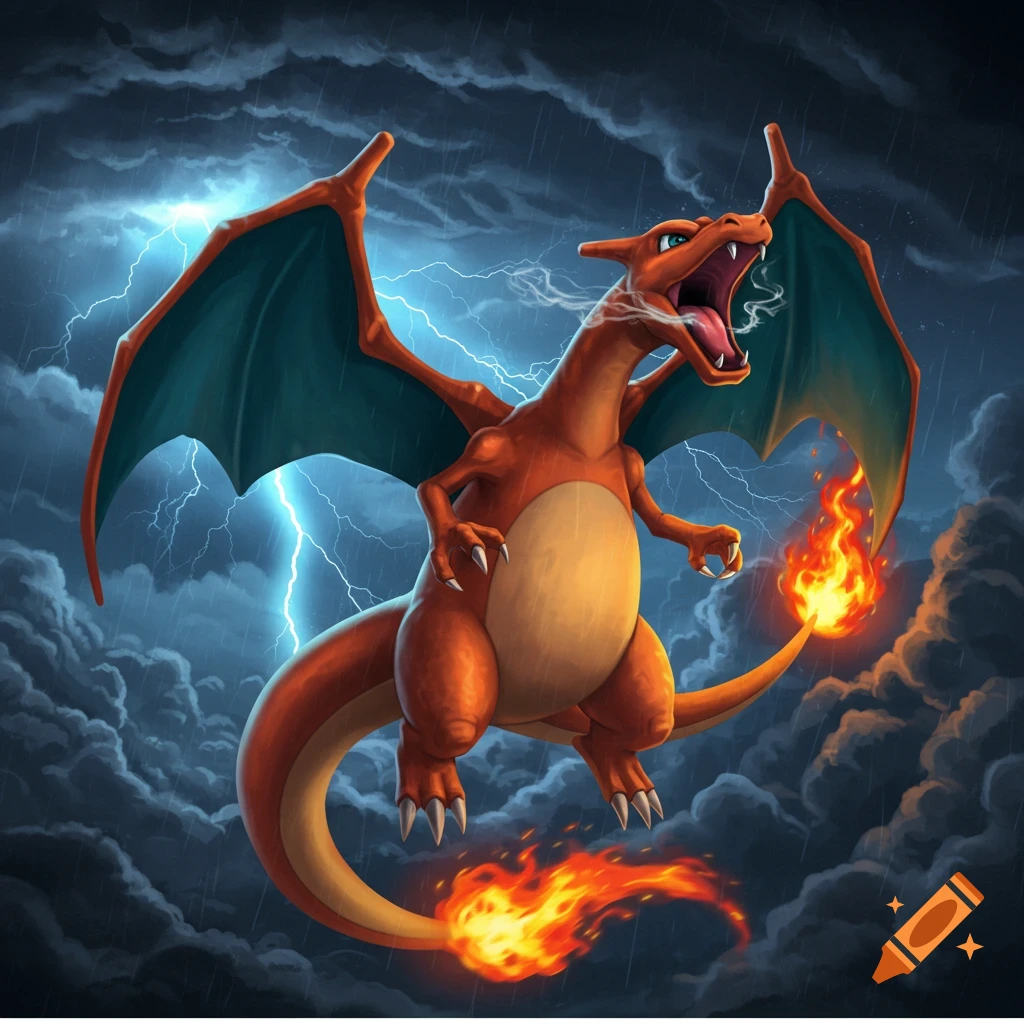 An orange Charizard with teal wings flies through a dark, stormy sky with lightning and rain, breathing smoke and with flames on its tail.