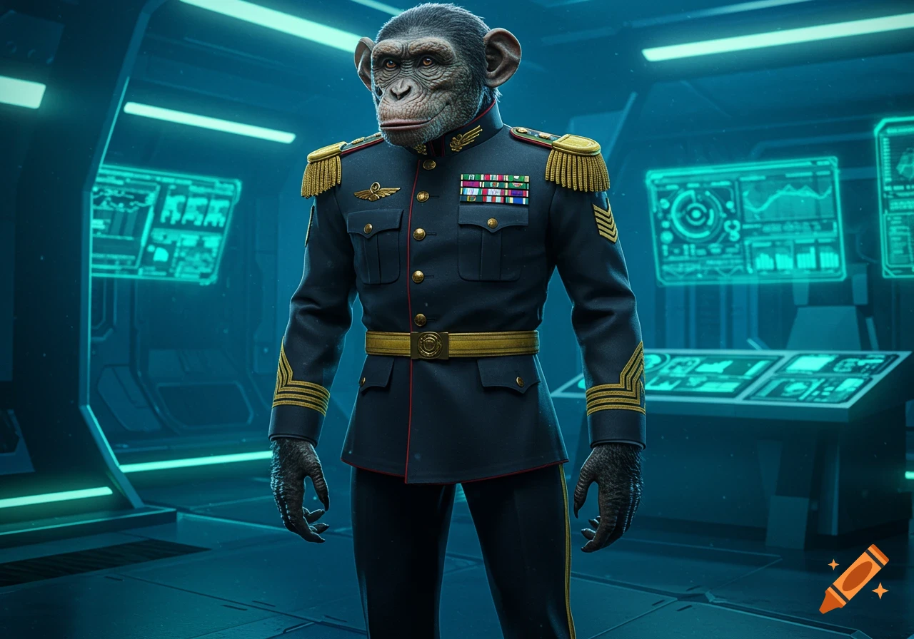 A chimpanzee in a detailed military uniform stands in a futuristic control room with glowing screens.