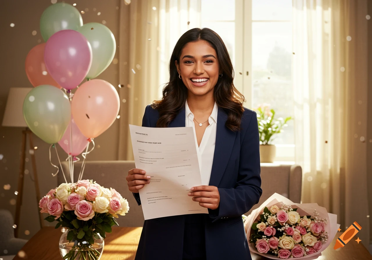 A smiling young woman in a suit holds a document, surrounded by balloons, flowers, and confetti, celebrating an achievement.