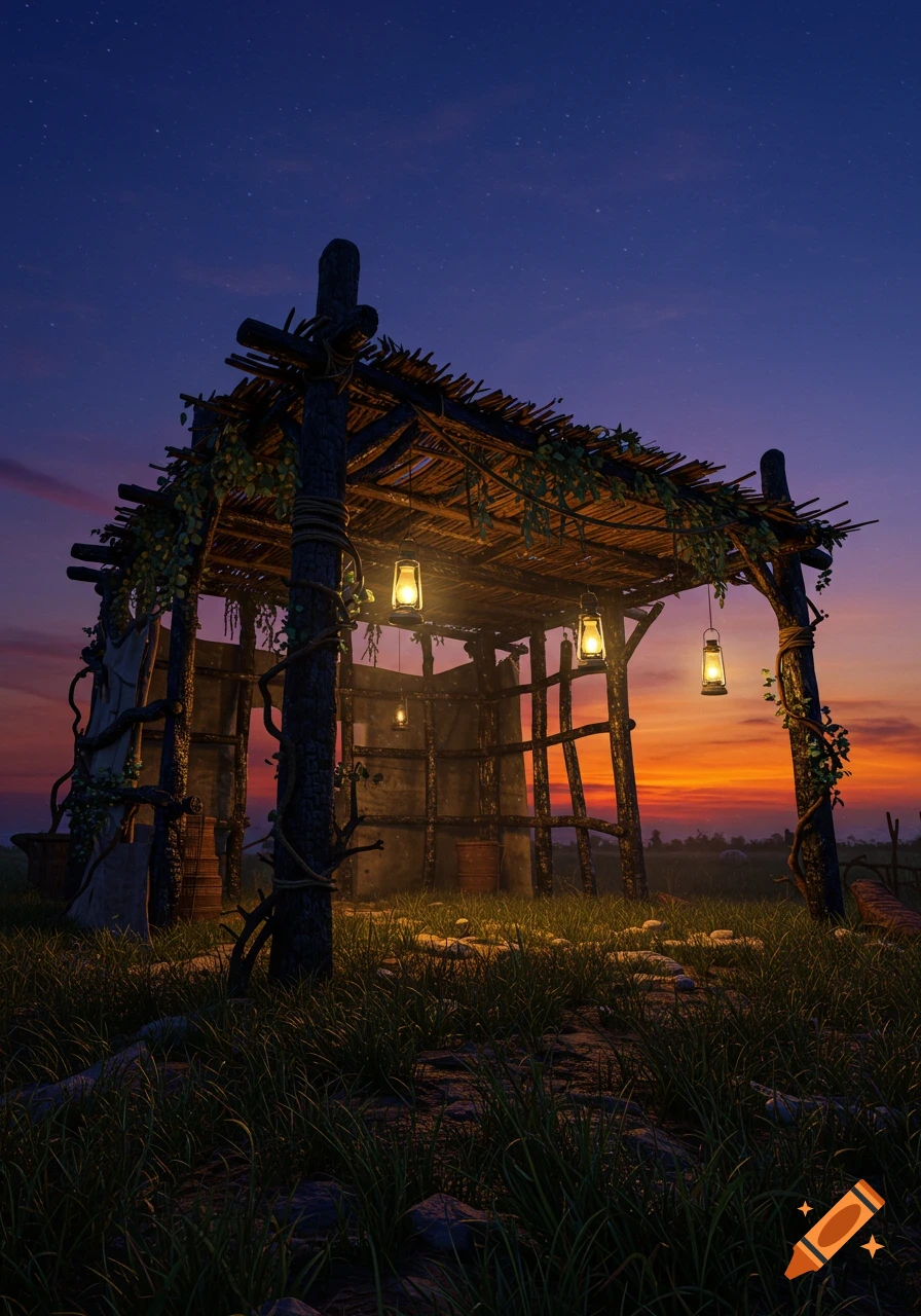 A rustic wooden shelter with a thatched roof and hanging lanterns, set against a vibrant orange and blue dusk sky.