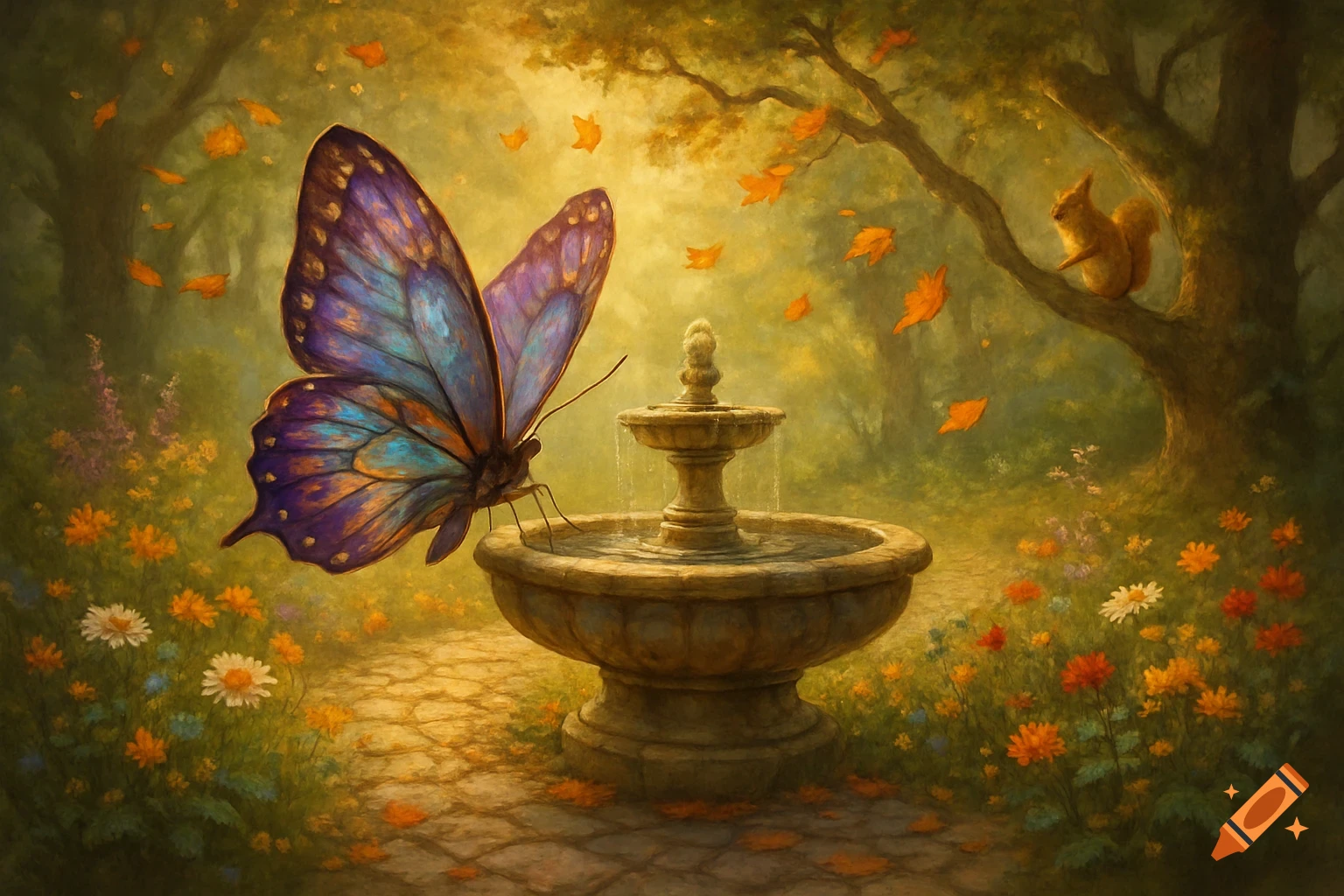 A large blue and purple butterfly drinks from a stone fountain in an autumn garden with a squirrel in a tree. Painterly style.