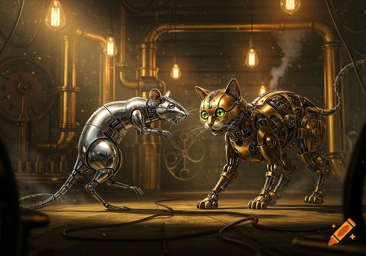 A gleaming silver robotic rat confronts a golden clockwork cat in a dimly lit steampunk industrial room.