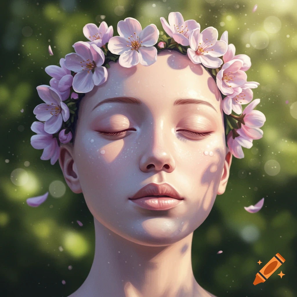 Close-up portrait of a woman with closed eyes wearing a crown of pink cherry blossoms, with a soft green bokeh background.