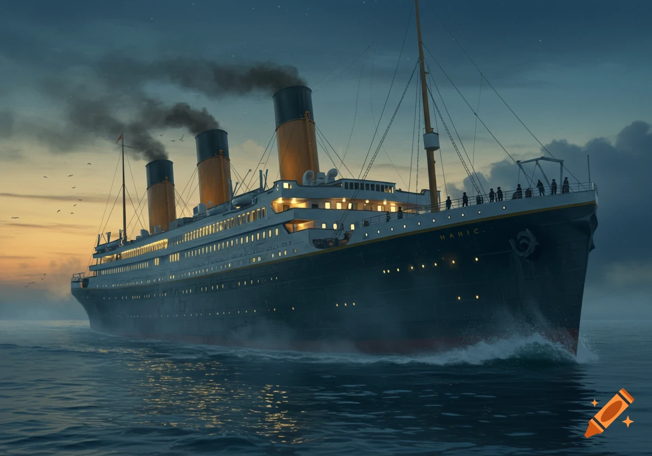 A large ocean liner resembling the Titanic sails on the open sea at dusk or dawn, with smoke billowing from its funnels.