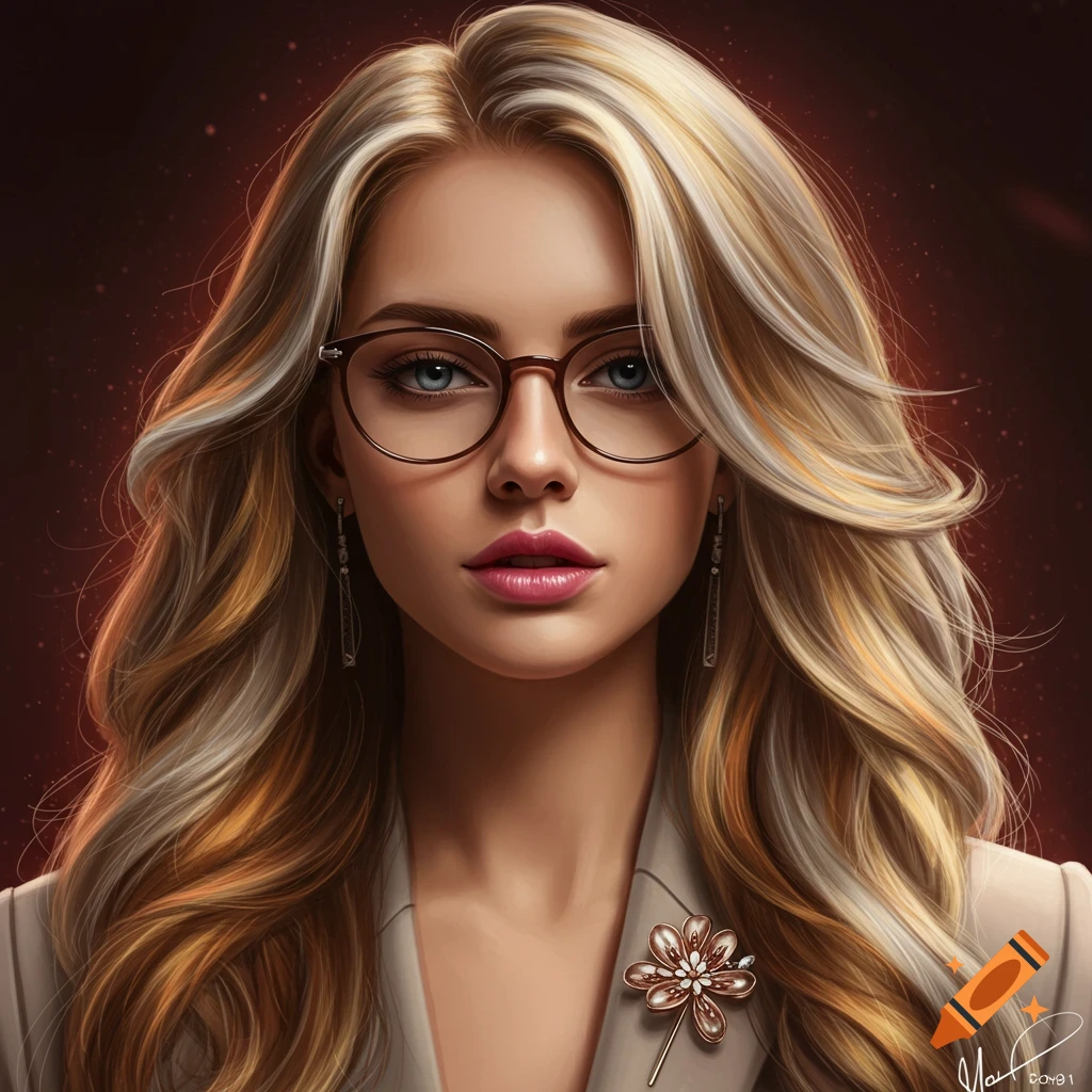 A digital art portrait of a woman with long wavy blonde hair, wearing glasses, earrings, a blazer, and a floral pin.