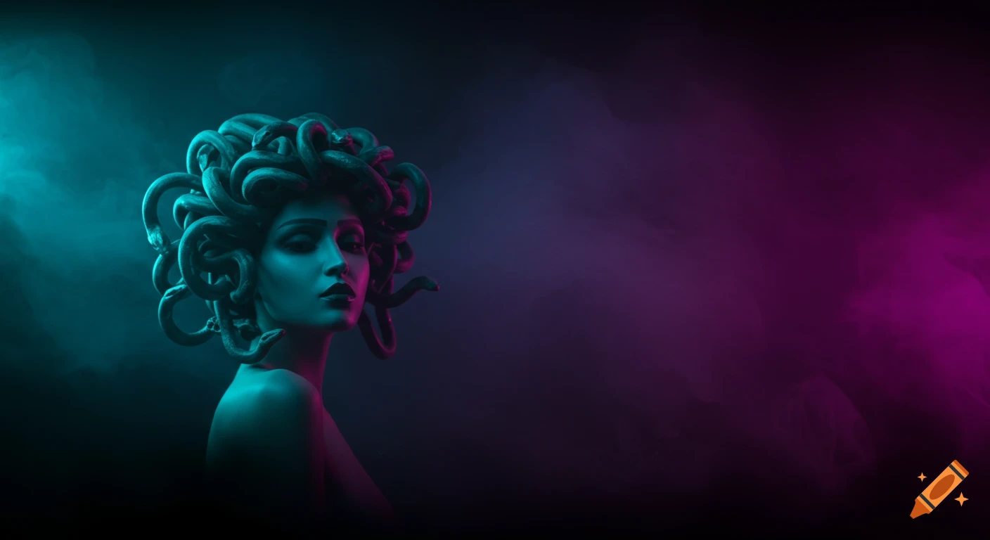 Stylized portrait of Medusa with snakes for hair, illuminated by dramatic turquoise and magenta lighting against a dark background.
