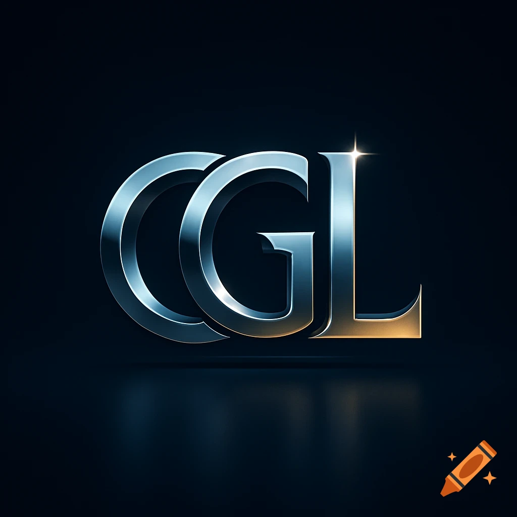 A glossy metallic logo displaying the letters 'CGL' with a reflective surface and subtle golden accents on a dark background.