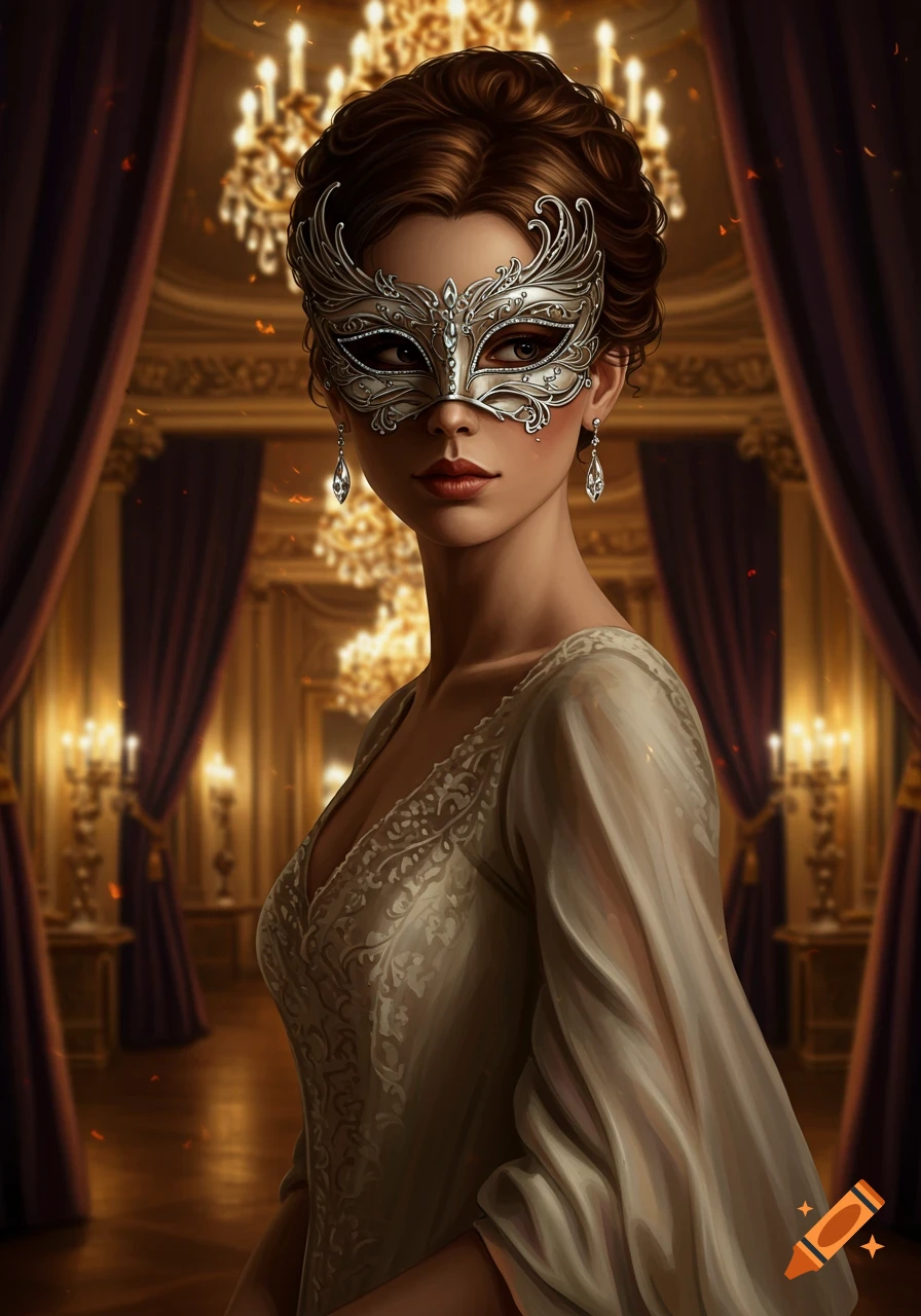 Regal woman in a silver masquerade mask and white gown in a grand, chandelier-lit ballroom, digital art.