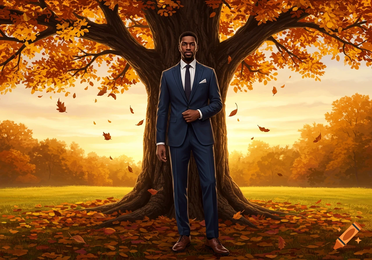 Illustrative image of a man in a dark blue suit standing under a large tree with golden autumn leaves, against a warm sunset.