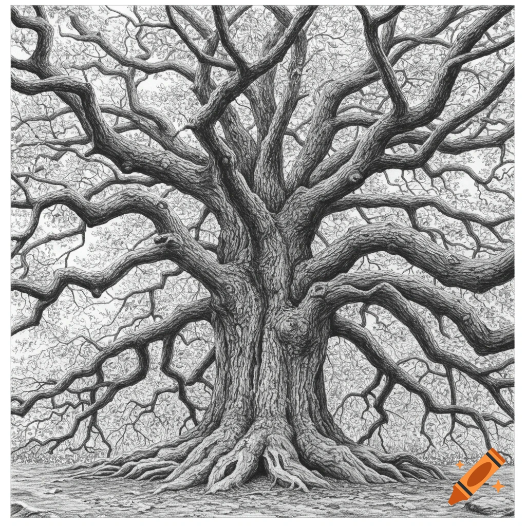 Detailed pencil drawing of a large, gnarled tree with exposed roots and a dense network of branches.