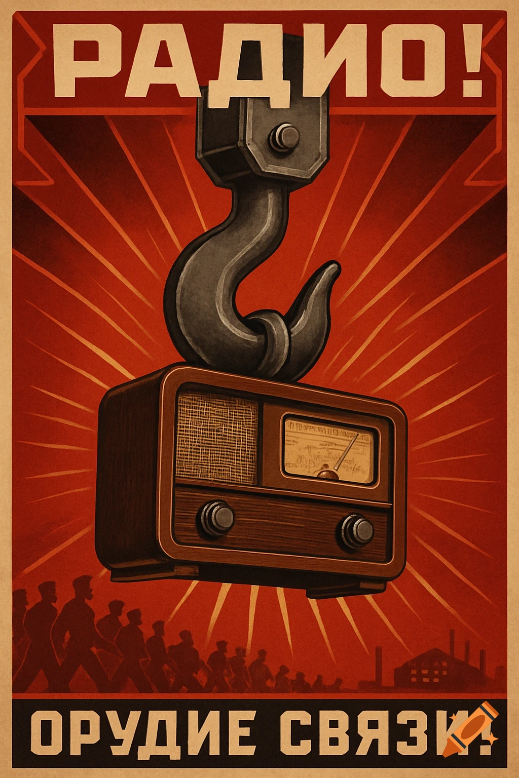 A vintage Soviet propaganda poster depicts an industrial hook lifting a radio, with marching workers and factories below against a red, radiant background.