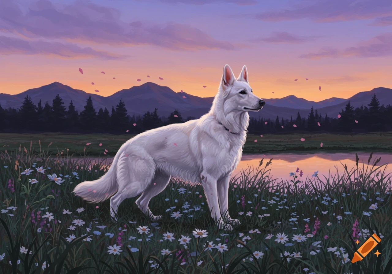 An illustrated white German Shepherd stands in a field of wildflowers next to a lake at sunset.