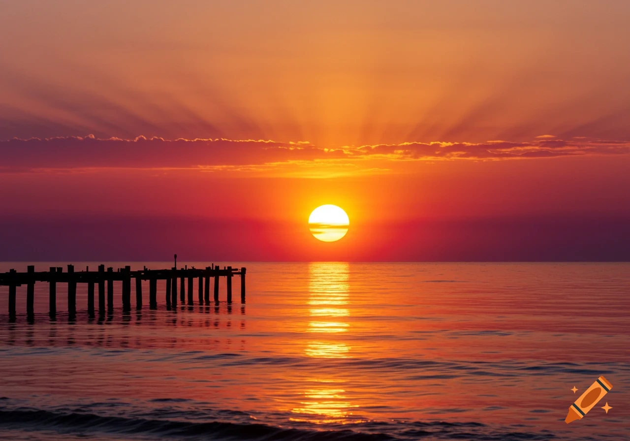 A vibrant sunset casts an orange and red glow over the ocean, with a silhouetted wooden pier stretching into the water.