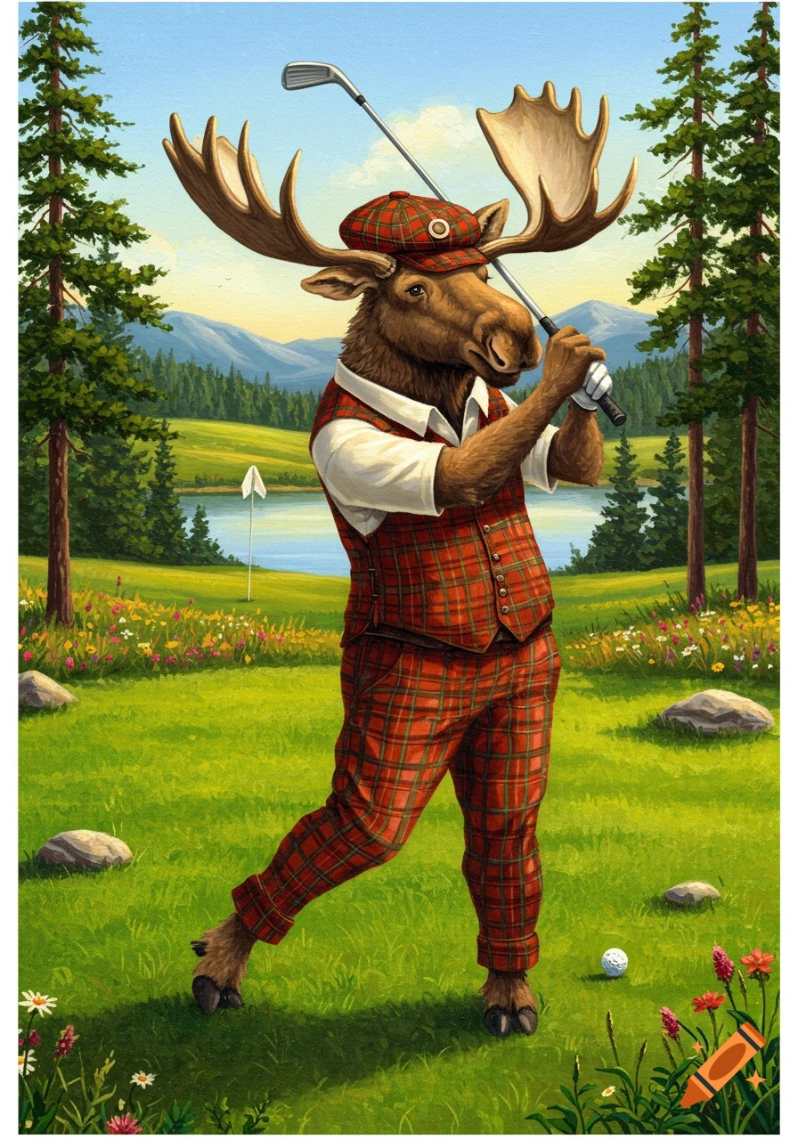 Illustrated moose in a plaid outfit swinging a golf club on a green golf course with a lake and mountains.