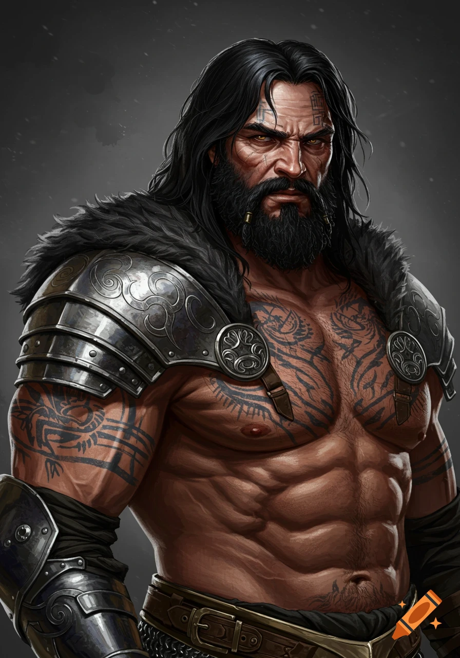 A muscular fantasy warrior with long black hair, a beard, and intricate tattoos wears detailed armor on his shoulders, looking intensely forward.